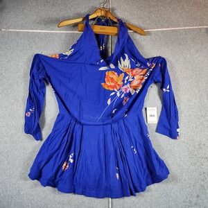 Free People Blue Floral Halter‎ Top Long Sleeve Blouse Flares Size Medium NWT